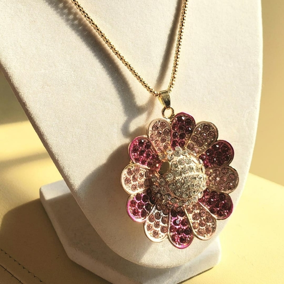 Betsey Johnson pink flower necklace,  long gold ch - Picture 1 of 9